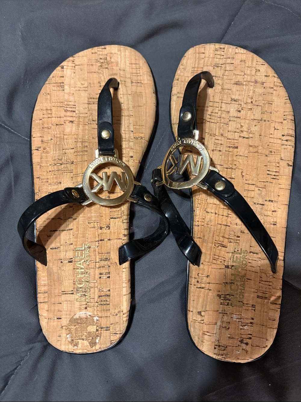 Michael Kors Black Patent Sandal with Gold MK Medallion